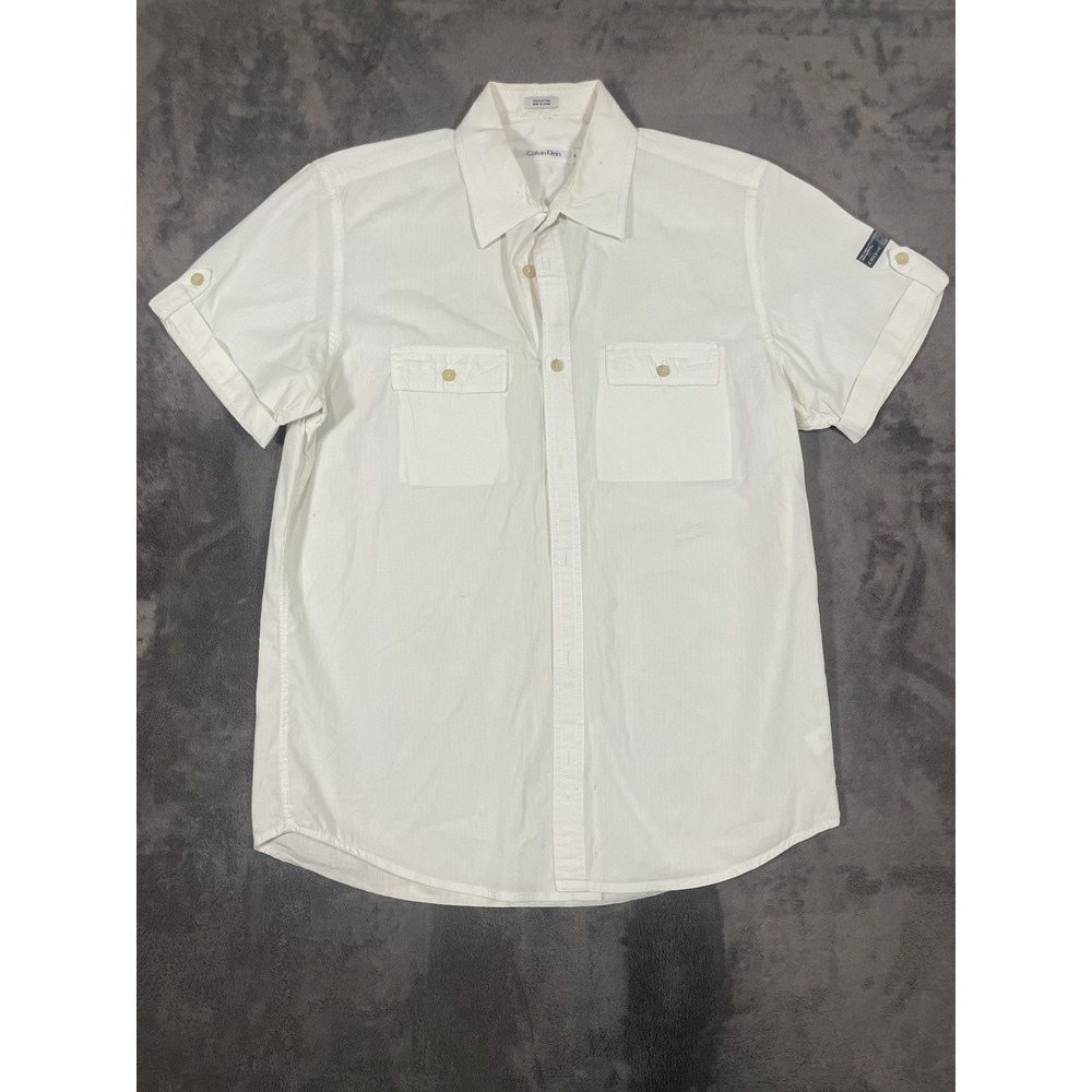 Calvin Klein Utility Short Sleeve Shirt Medium White Cotton Striped
